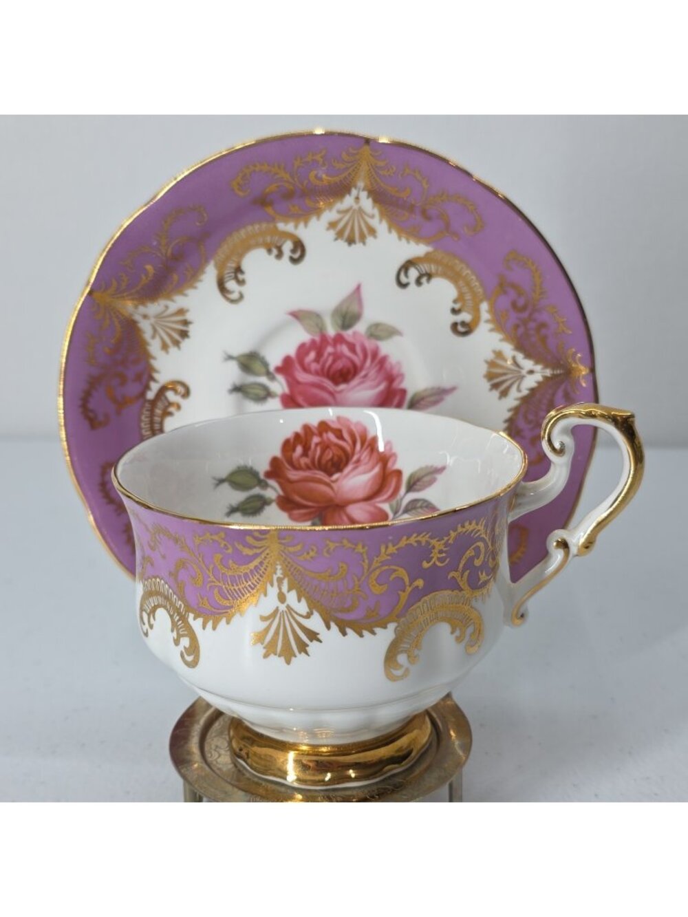 Paragon England Antique Rose Tea Cup & Saucer Signed Reg Johnson Gold Fushia